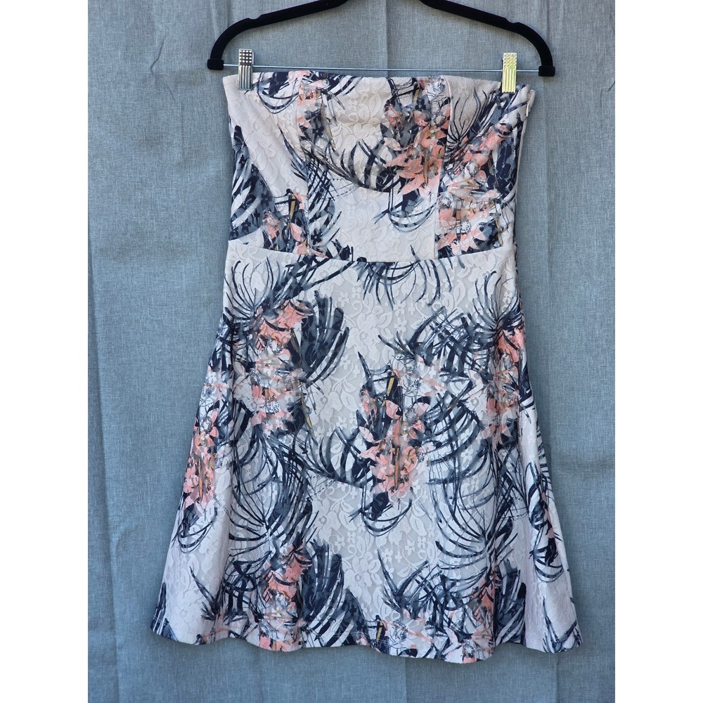 Next Strapless Lace Tropical Palm Floral Dress Navy Peach Cream Size UK 10 US 6